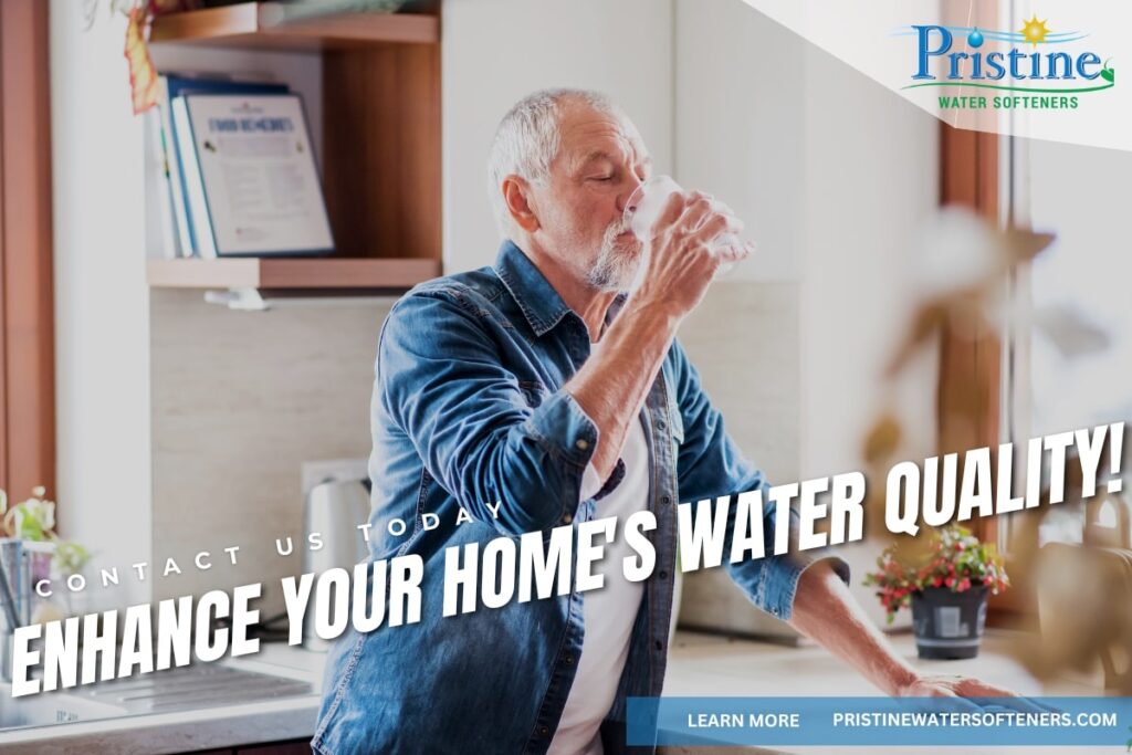 An old man drinking pure water from a RO water purifier system